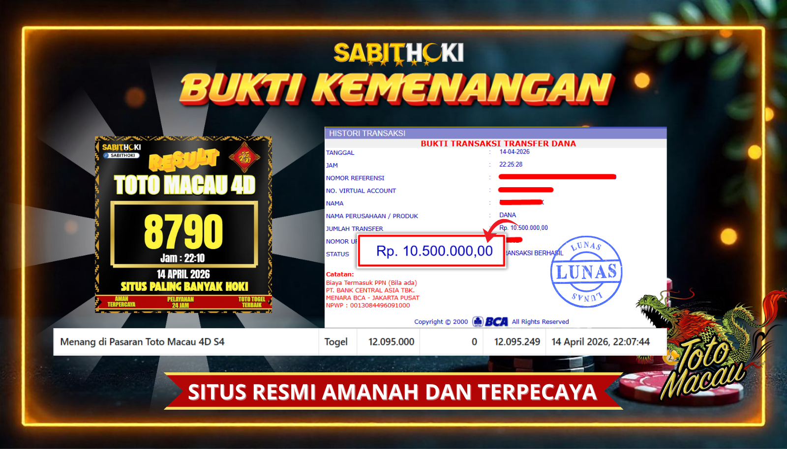 SELAMAT KEPADA MEMBER SETIA SABITHOKI BERHASIL JACKPOT DI PERMAINAN TOGEL TOTOMACAU P4